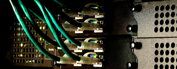 Network wiring connected to rack-mounted equipment