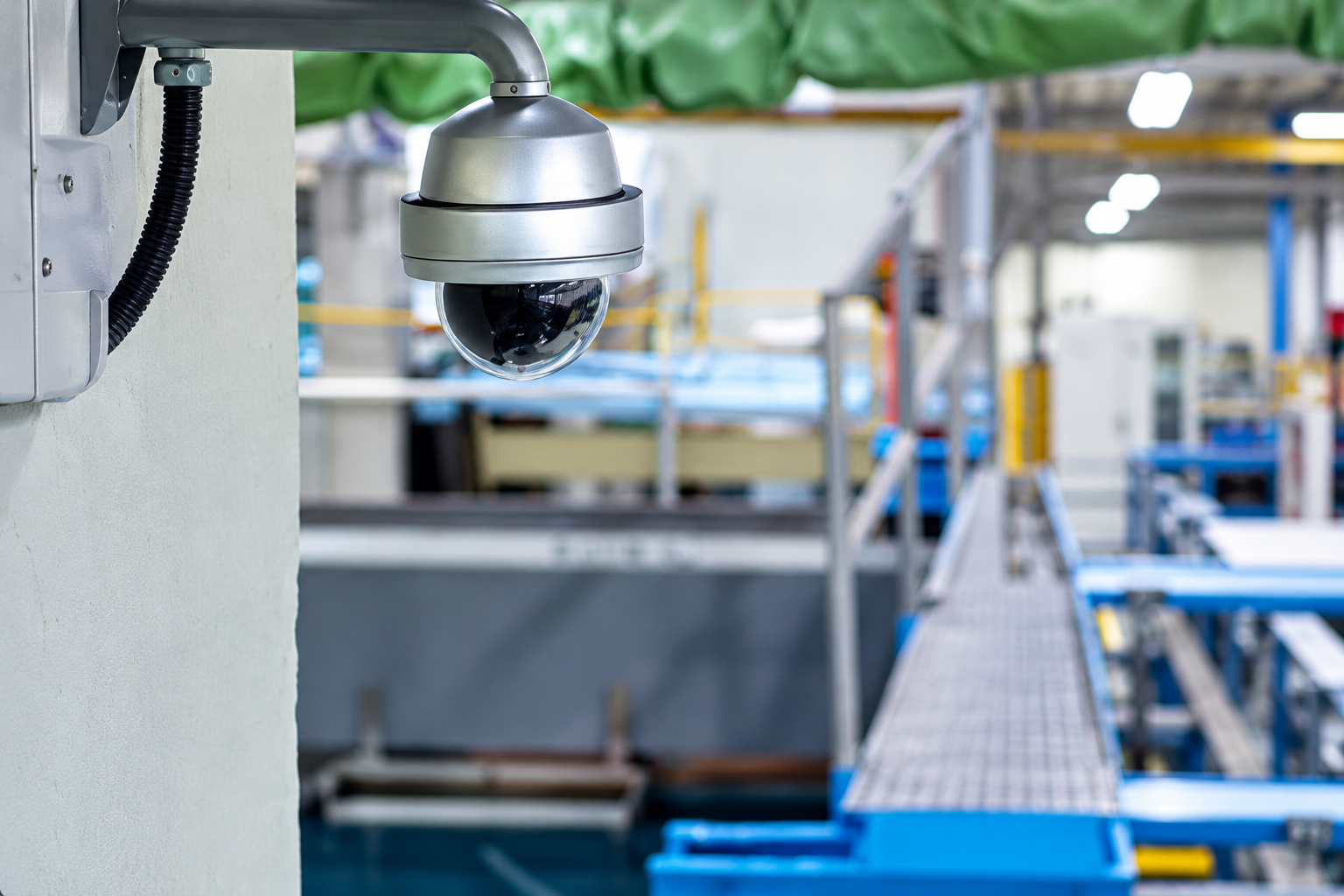 Industrial dome security camera overlooking a factory floor
